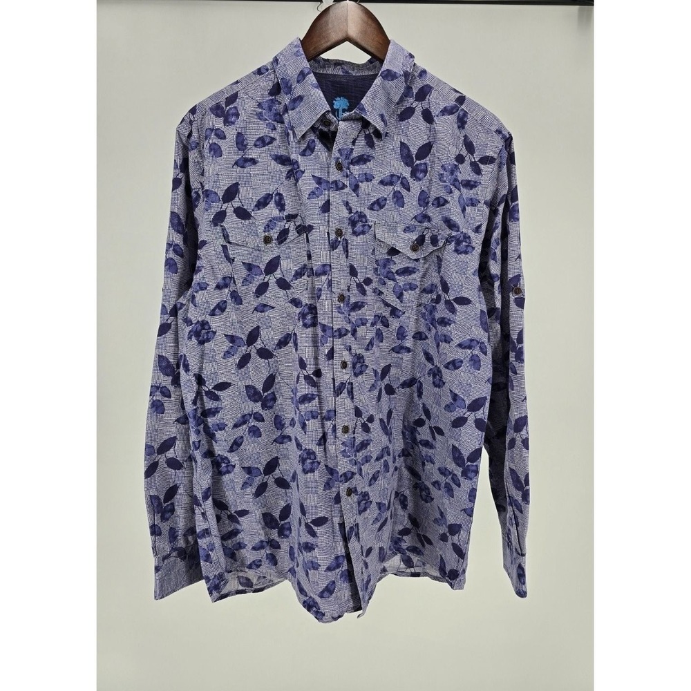 Ocean & Coast Mens Large Blue Leaf Print Roll Tab Sleeve Button Down Shirt L